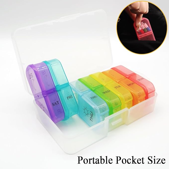 Travel Pill Organizer 7-Day for Purse Pocket, Daily Medicine Case Box with 14 Compartment Weekly Meds Container Reminder Planner AM PM Hold Medicine, Vitamin, Supplement, Fish Oil, Colorful