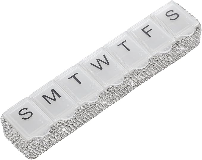 Weekly Pill Organizer 7 Day Small Pill Case Medicine Holder Daily Pill Box Bling Vitamin Container Medication Cases Organizers(White)