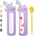 24 oz Glass Water Bottles with 2 Lids-Handle Spout Lid & Straw Lid, Motivational Water Bottle with Time Marker and Silicone Sleeve,Leakproof-Purple-1 Pack