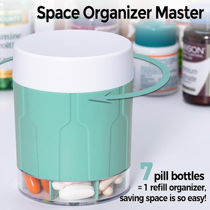 Betife Extra Large Supplement Organizer,Weekly Pill Organizer Bottle, Daily Pill Dispenser with 7 Large Compartments, Organizer to Hold 7 Day Vitamin Medication,21 Labels and a Cleaning Brush(Cyan)