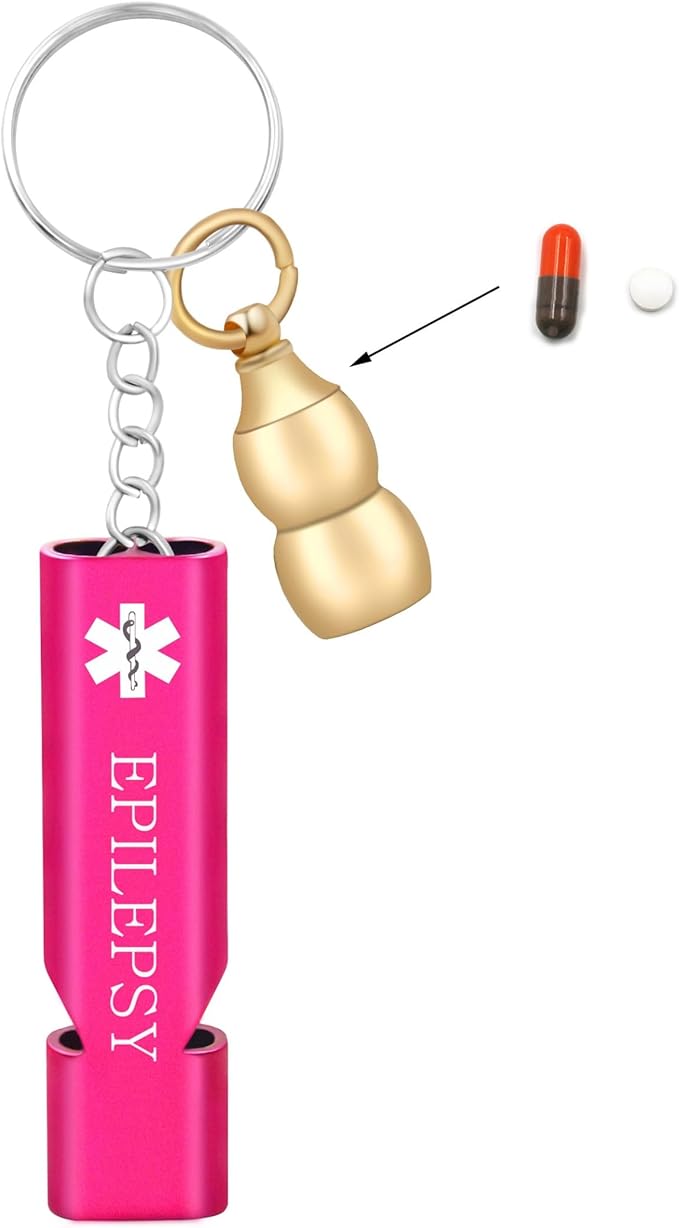 Waterproof Brass Gourd Pill Storage Case Keychain with Whistle – Engraved Seizure Alert Container – for Travel, Running, and Outdoor Carry with Rose Red Whistle