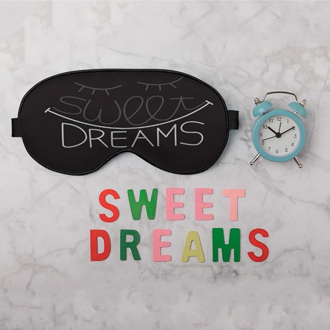 Sweet Dreams Sleep Eye Mask Eye Cover Grayscale Lettering Closed Eyes Dark Black Silk Eye Mask for Sleeping with Adjustable Strap for Travel Nap Shift Work Office