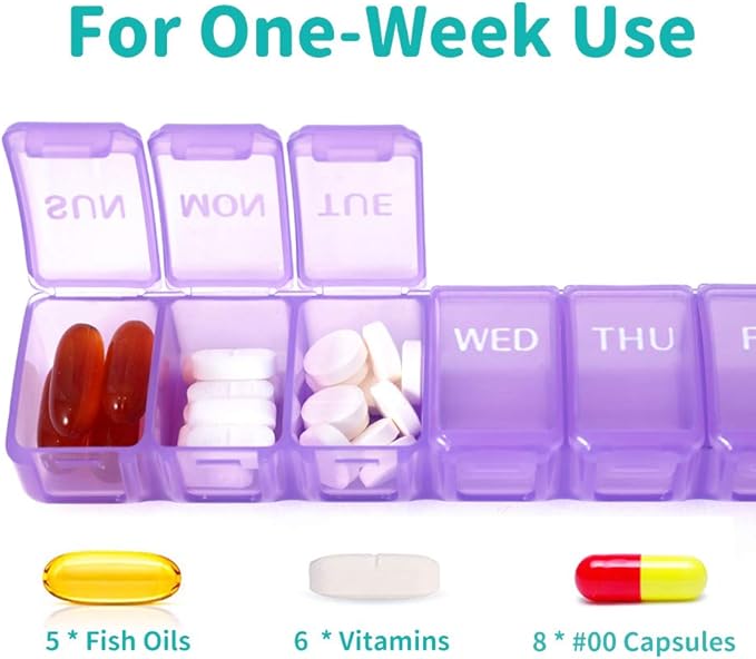 2 PCS Weekly (7-Day) Daily Pill Case, Medicine Planner, Vitamin Organizer, Supplement Container, Large Compartments, Yellow Daisy Days Design, Easy-to-Open, Travel-Friendly, BPA Free (Purple)