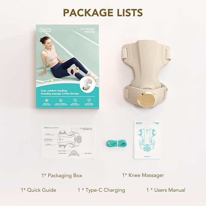 SKG Knee Massager with Heat for Pain Relief with Vibration for Joint Comfort, Cordless Heated Knee Brace with 5 Massage Modes and 3 Heating Levels, Perfect for Women Men Mom Dad, WS500
