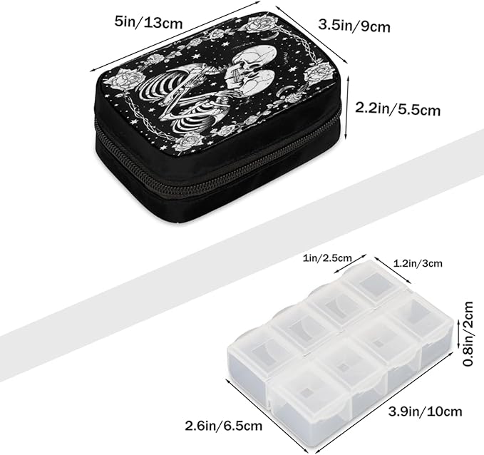 Black Romantic Skull Pill Case Travel Pill Organizer Weekly 7 Day Portable with Zipper Medicine Box Pill Case for Vitamins, Birth Control,Fish Oils,Medication, Supplements