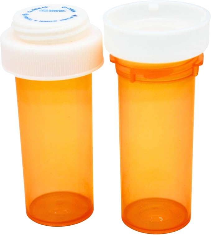 Five Star Supplies Plastic Pill Bottles - Reversible Cap Easy Open & Child Resistant - Pill Container Prescription Vial - Easy Open/Push N Turn (Amber, 8 DRAM 400 ct.)