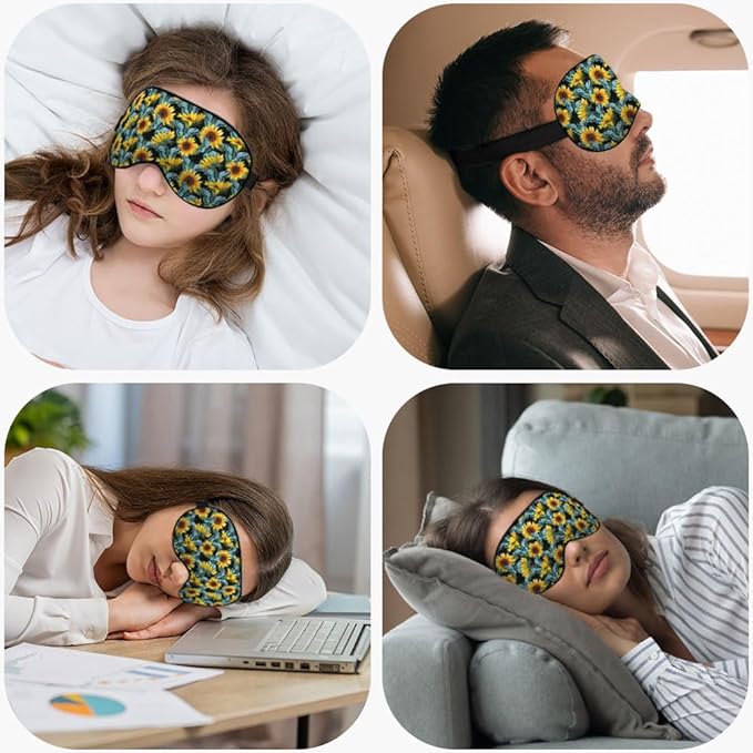 Silk Sunflower Butterfly Sleep Eye Mask, Blue, Adjustable Buckle, Soft Eye Shade Cover for Men Women Kids Travel