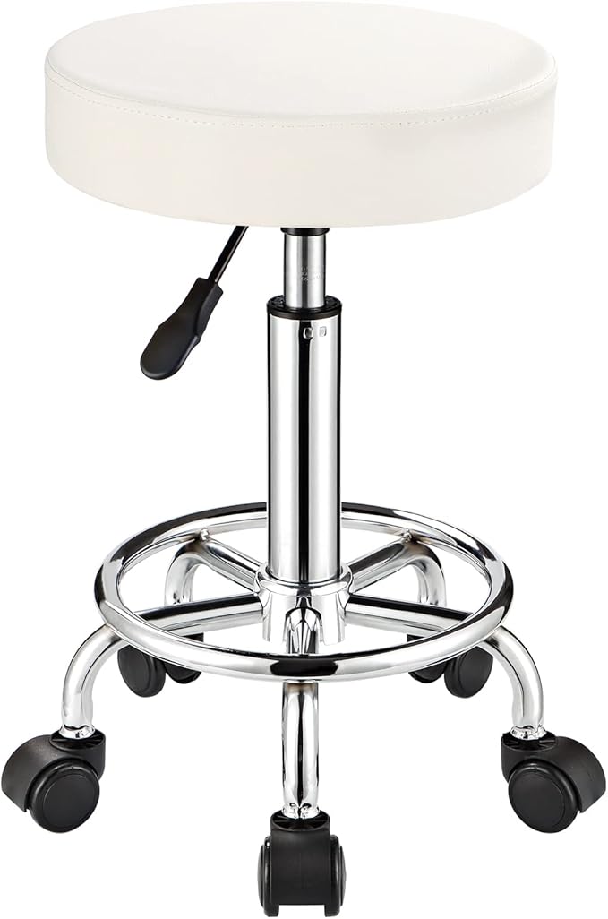 Adjustable Stool with Wheels, Modern Round Rolling Stool for Spa Salon Massage Office, White PU Leather Seat, 250 lbs Capacity