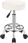 Adjustable Stool with Wheels, Modern Round Rolling Stool for Spa Salon Massage Office, White PU Leather Seat, 250 lbs Capacity
