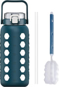 MUKOKO Half Gallon/64 oz Glass Water Bottles with Straw and Lid,Motivational Water Jug with Time Marker Reminder and Silicone Sleeve,100% Leakproof BPA Free Fitness Sports Large Bottle-Blue