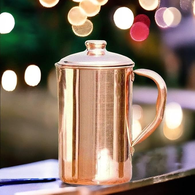 100% Pure Copper Pitcher 50.72 Oz / 1500 ml | Drinking Water Traditional Plain Pitcher With Lid | Copper Jug Handle Water Bottle | Ayurveda Health Benefits | Serving Water in Daily Use