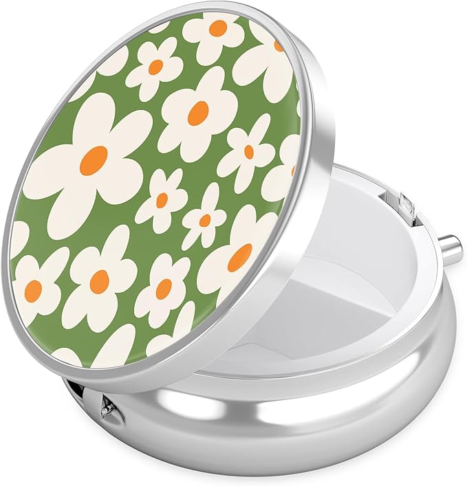 Green Groovy Flower Pill Case, Pill Box 3 Compartments Metal Small Pill Holder with Mirror Mini Travel Pill Container for Purse Pocket Women Men