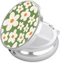 Green Groovy Flower Pill Case, Pill Box 3 Compartments Metal Small Pill Holder with Mirror Mini Travel Pill Container for Purse Pocket Women Men