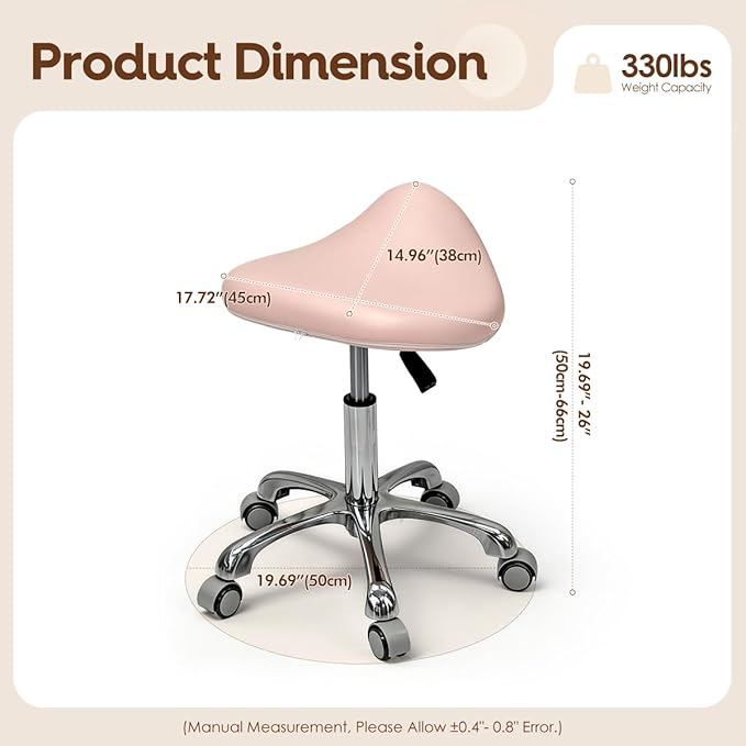 Saddle Stool Rolling Chair for Medical Massage Salon Kitchen Spa Drafting,Adjustable Hydraulic Stool with Wheels (Pink, Without Backrest)