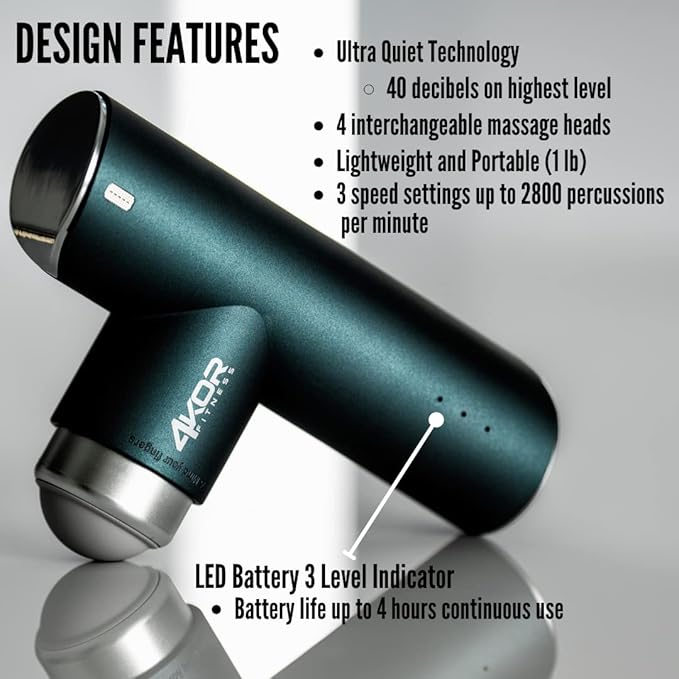 4KOR Fitness Mini Percussion Massage Gun, Rechargeable Handheld Stimulation, Deep Tissue Vibration Massager, Ultra Quiet