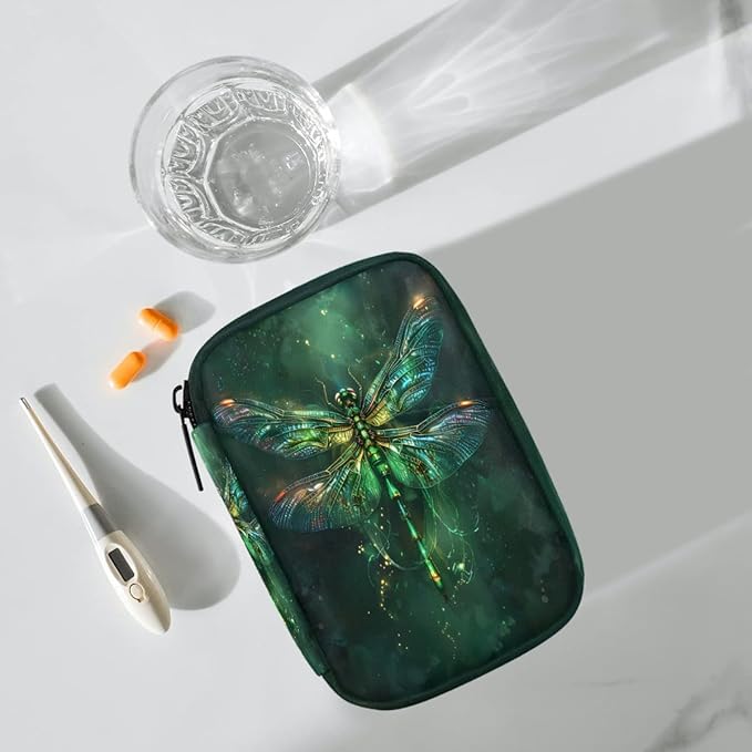 Green Dragonfly Beautiful Pill Case Travel Pill Organizer Weekly 7 Day Portable with Zipper Medicine Box Pill Case for Vitamins, Birth Control,Fish Oils,Medication, Supplements