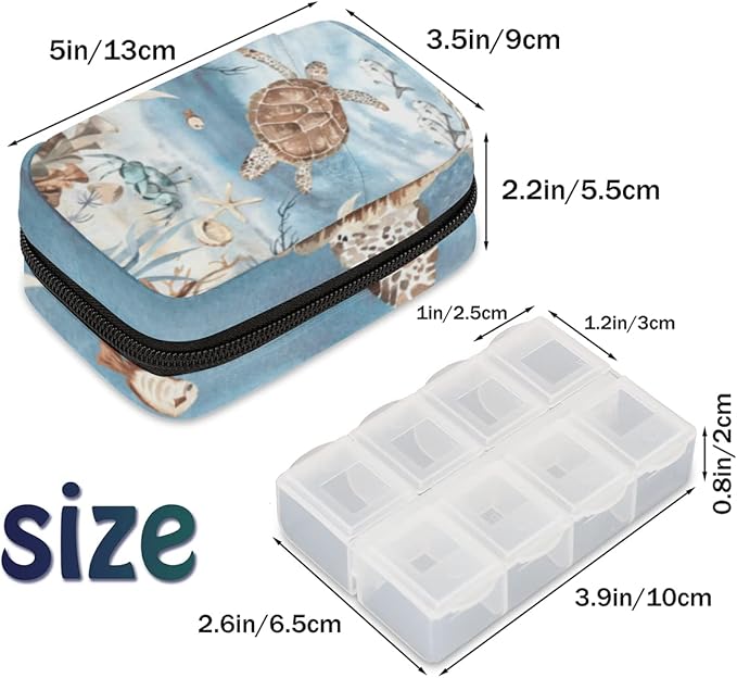 Sea Turtle Algae Fish Starfish Pill Case Weekly Medicine Organizer with Travel Bag Seven-Day Pill Box Vitamin Supplement Box Fish Oil Pills Holder
