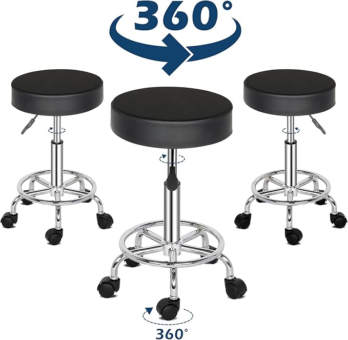 Modern Rolling Round Stool Chair,PU Leather Swivel Adjustable Rolling Stools,Ergonomic Swivel Salon Spa Barstools,Office Drafting Chairs,with Wheels,for Home, Kitchen, Medical, Lab (Black)