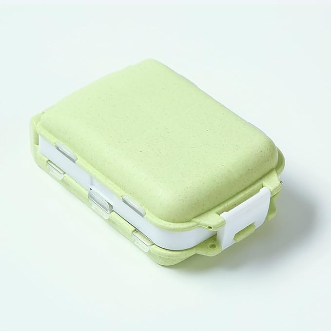 8 Compartment Pill Organizer - Travel Size Portable Daily Weekly Medication Box (4 x 2.6 x 1.37 inches) - Durable Fiber Material, Leakproof Design for Vitamins, Supplements & Pills (Green)