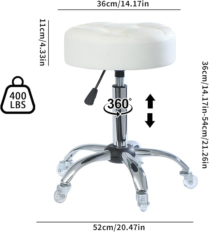 ACEQLYT® Round Rolling Stool with Wheels, Heavy Duty 400lb, Height Adjustable Swivel Drafting Stool for Shop, Salon, Home, Office, Tatoo, Medical, Massage (White)