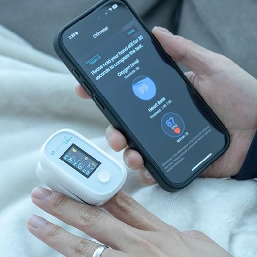 Bluetooth Fingertip Pulse Oximeter - Measures Oxygen Level, Pulse Rate & Respiration Rate - Compatible with Mobile App - Audio Alarm - Battery Life Up to 24hrs of Use