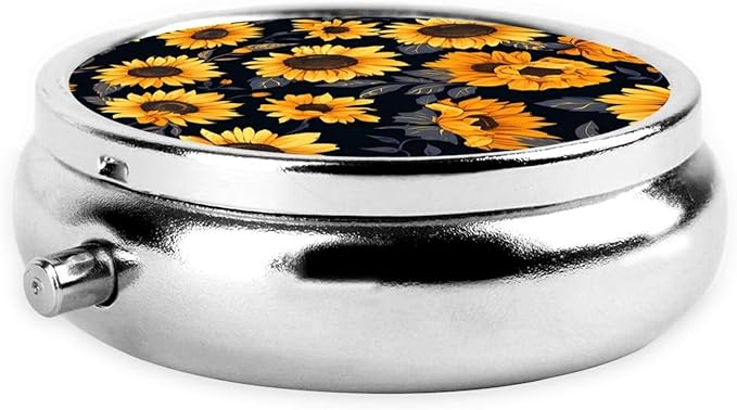 Sunflower Style6 Print Round Metal Pill Box with 3 Compartment for Pocket or Purse Travel Bag Mini Small Size 2 inche