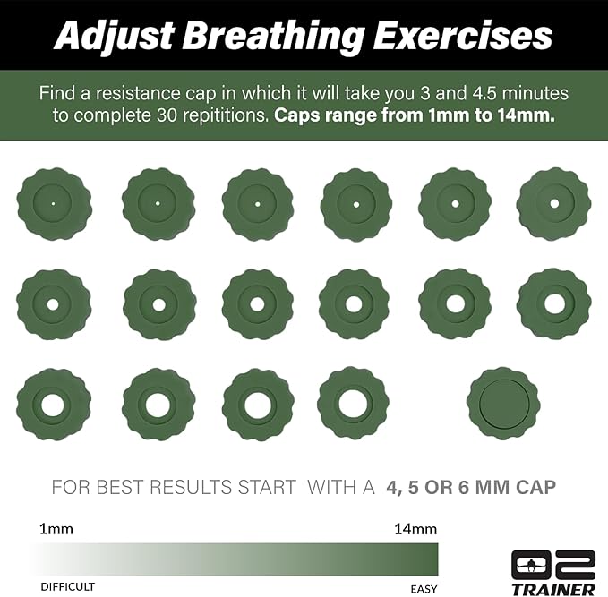 O2Trainer Breathing Muscle Training Device | Lung Power & Endurance Tool for Athletes, Singers & High-Altitude Performance | Diaphragmatic Respiratory Trainer | 16 Resistance Caps