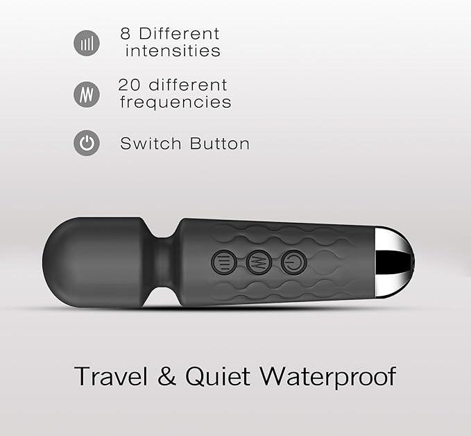Personal Massage Wand - 20 Modes 8 Speeds Cordless Vibration Massager, Strong Powerful Waterproof Perfect for Travel, Magic Stress Away, All Body Back Legs Hand Pains Sports Recovery (Black)