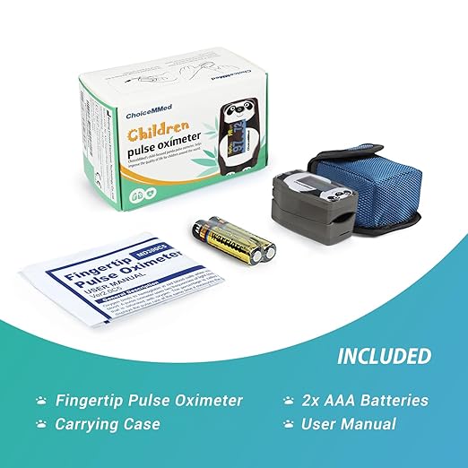 CHOICEMMED OLED Panda Pediatric Pulse Oximeter Fingertip – SP02 Pulse Oximeter for Kids – Children Blood Oxygen Saturation Monitor with Color OLED Screen - Child O2 Saturation Monitor with Batteries (Not for Infant or Newborn)