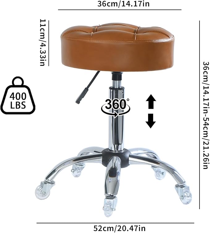 ACEQLYT® Round Rolling Stool with Wheels, Heavy Duty 400lb, Height Adjustable Swivel Drafting Stool for Shop, Salon, Home, Office, Tatoo, Medical, Massage (Brown)
