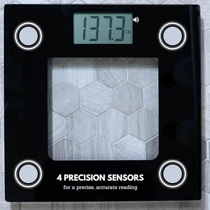 Extra Wide Glass Talking Digital Scale | The Bathroom Scale That Talks | Accurate Visual & Voice Display Digital Scale for Body Weight | 395 Pounds Max | Wide Width Tamper Glass | Large LCD Display