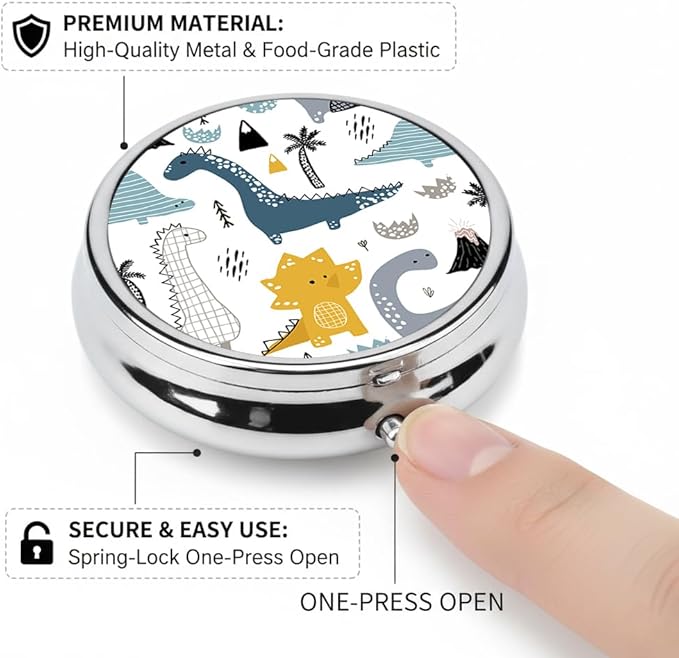 Cute Dinosaur Pill Box 3 Compartment Small Pill Case,Portable for Pocket or Purse Pill Organizer Pill Container Holder with Mirror to Hold Vitamins, Medication, Fish Oil and Supplements