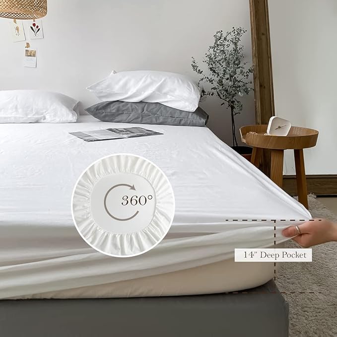 Simple&Opulence Washed Linen Bed Sheet Set Basic Style 4 Pieces (1 Flat Sheet & 1 Fitted Sheet & 2 Pillowcases) 100% Natural French Flax Soft Breathable Farmhouse Bedding (Queen, White)