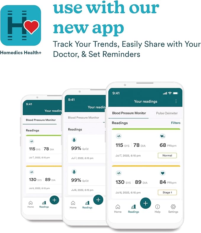Homedics 700 Series Arm Blood Pressure Monitor for Home use, 5-Day Trend View, Irregular Heartbeat & Motion Detection, Bluetooth for Homedics Health App Sync, 2 Users, Soft Arm Cuff (9"-17")