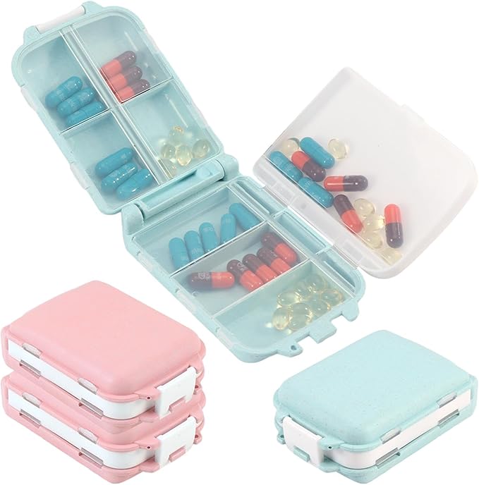 4Pcs Pill Organizer,8 Compartments Portable Pill Box,Travel Pill Box,Three Folding Design Daily Pill Organizer for Pocket Purse Medicine Vitamin Holder Container(Pink,blue)