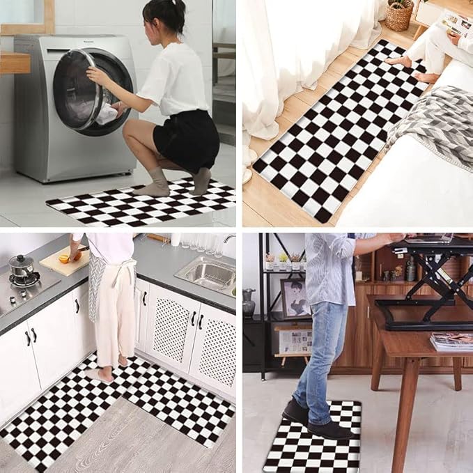 Bulijojo Buffalo Plaid Anti Fatigue Kitchen Floor Mats Set of 2 Waterproof Kitchen Sink Runner Rug Standing Mat Cushioned Kitchen Rugs Comfort Doormat 17"x47"+17"x30" Black