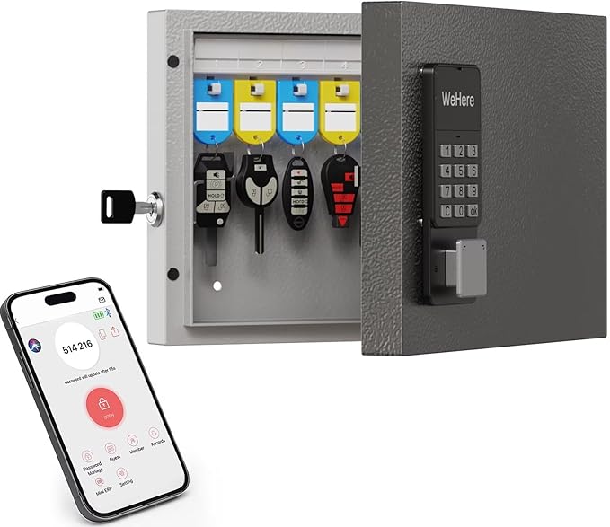 16 Key Lock Box Wall Mount, Smart Key Cabinet, use One Time Password,Fixed Code, Bluetooth, Wi-Fi Remote, Key Unlock, Security Lockbox Organizer for Valets, Hotel, Car, Office Key Management & Storage