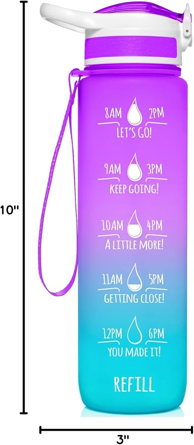 NatureWorks HydroMATE 32 oz Water Bottle with Time Markings Hourly BPA Free Reusable Leak Proof with Straw and Carrying Strap 1 Liter
