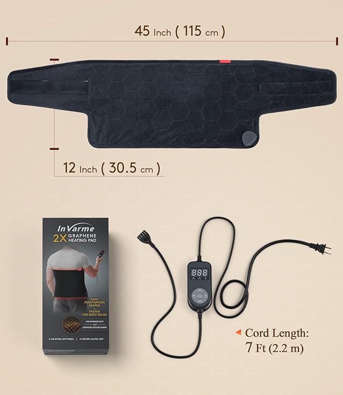 Heating Pad for Back Pain Relief: 2X Graphene Far Infrared Max 160℉ with 8 Heat Settings - Soft Wearable Wrap Around for Period Cramps & Stiffness Relief - 12"x44" 4H Auto Off for Women at Home