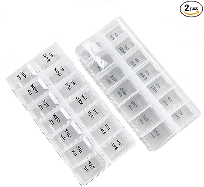 2 Pack OPP Clear Daily Pill Box Organizer, Weekly Pill Organizer 2 Times a Day for Pills, Supplements and Medication, Am Pm Pill Organizer 7 Day, Pill Box 7 Day - 6.7 x 3.2 x 1 inch