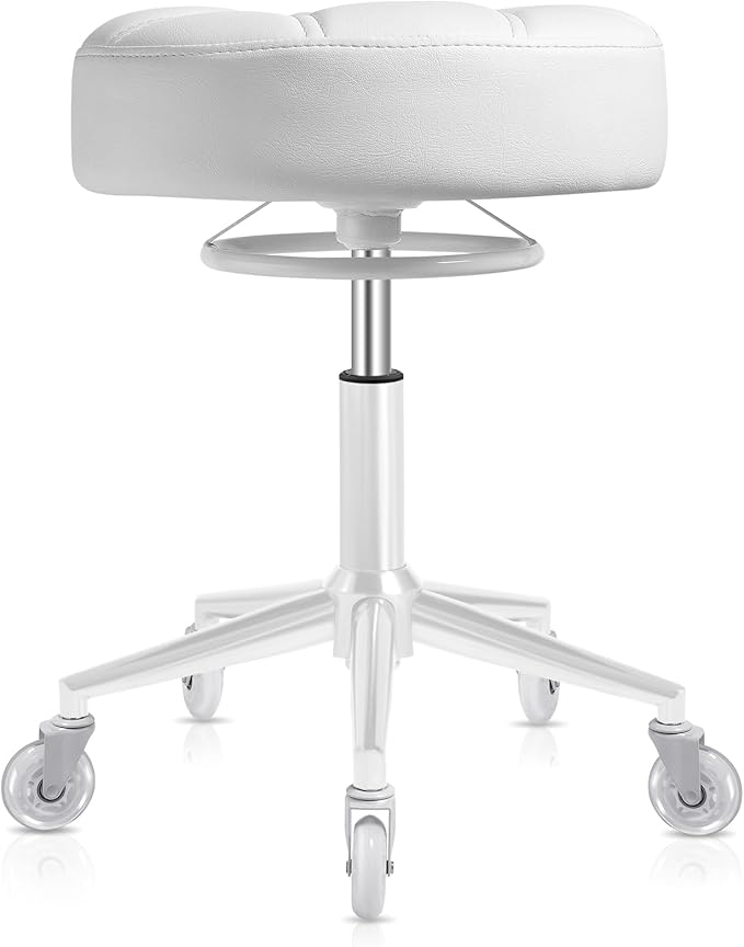 Gold Rolling Stool Heavy Duty - 360°Height Adjustable, Super Soft Thick Seat Cushion, Smooth Silent Rolling, Durable Rolling Stool Chair with Wheels for Salon Vanity Massage Medical, 450LBS (White 2)