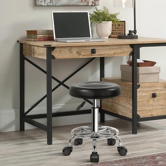 KKTONER PU Leather Modern Round Rolling Stool with Footrest Height Adjustable Spa Drafting Salon Tattoo Work Massage Stools Task Chair Small (Black)