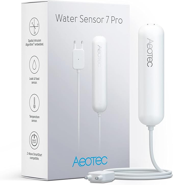 PRO Version ZWave Water Sensor: Aeotec Water Sensor 7 Pro, with Flood, Temperature, Humidity Sensor, SmartThings Sensor Compatible, Z-Wave Plus, S2, SmartStart, ZWave hub Required
