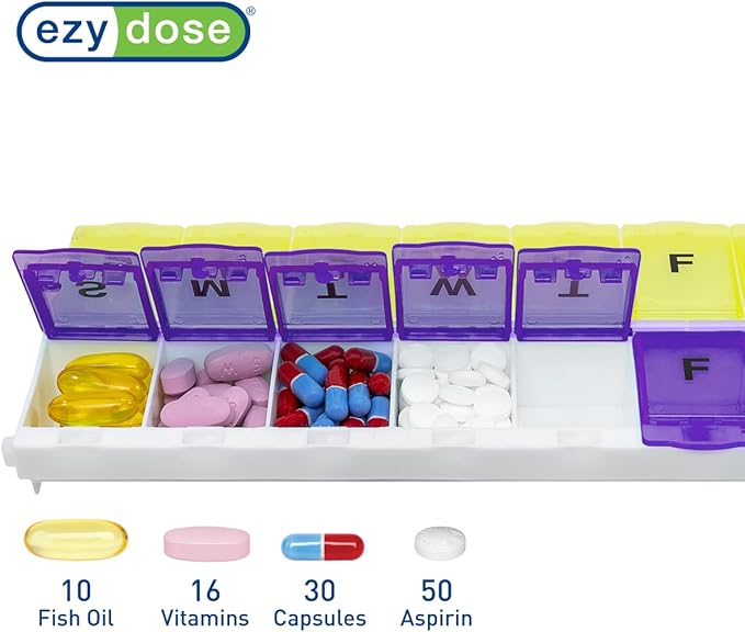 EZY DOSE Pill Organizer Weekly AM/PM (7-Day), Medicine Planner, Vitamin Case/Box, 2X-Large Locking Compartments to Secure Prescription and Prevent Accidental Spilling, Purple and Yellow, BPA Free