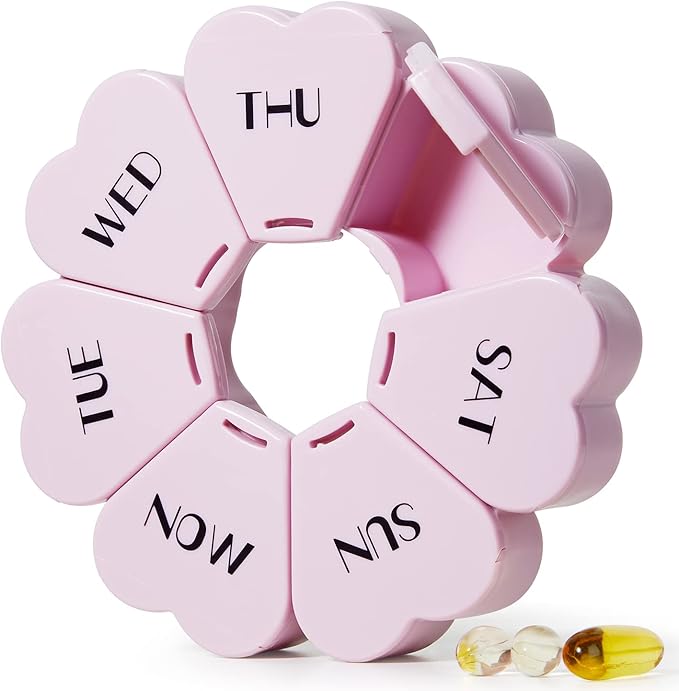 MOLN HYMY Cute Weekly Pill Box 7 Day, Heart Shaped Pill Case Organizer 1 time a Day, Purple Pink Pill Container Once Daily, Large Medicine Dispenser for Vitamin/Fish Oil/Medication/Supplements