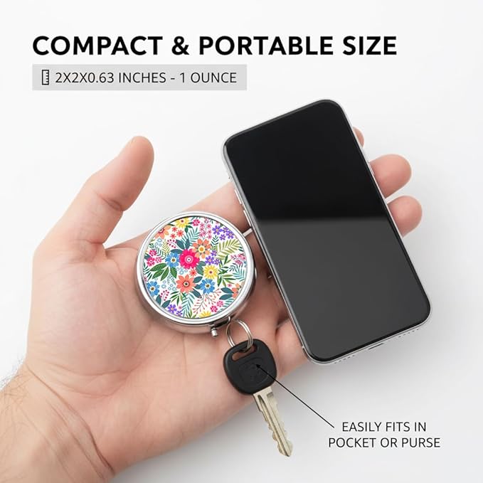 Retro Flowers Pill Box 3 Compartment Small Pill Case,Portable for Pocket or Purse Pill Organizer Pill Container Holder with Mirror to Hold Vitamins, Medication, Fish Oil and Supplements