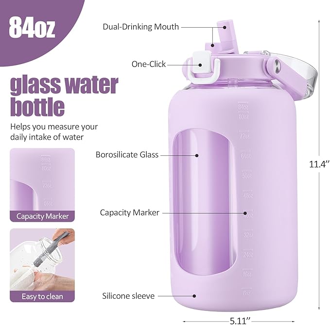BLUEGO 84oz Glass Water Bottle with Straw and Handle, Large Water Bottle with Sip & Chug Lid, 2.5L Water Jug Silicone Sleeve with Time, Full Day Drinking Bottle for Sports BPA Free, Purple