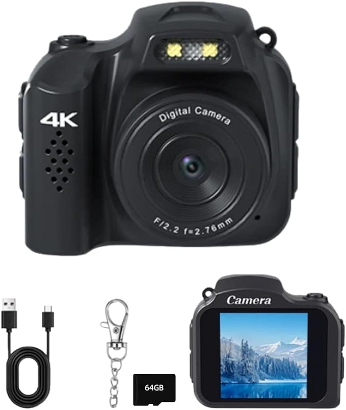 Mini Keychain Camera with 64GB Card: 4K Photo & Video Pocket Digital Camera,Built-in Screen & Flash,Fun Filters for Kids & Beginners,Easy Travel Camera for Daily Adventures, Idea (Black)