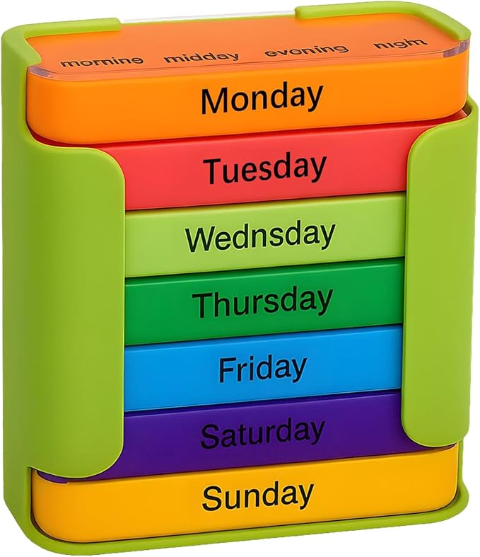 7-Day Pill Organizer with 4 Times Daily Compartments, Weekly Medication Organizer for Morning Noon Evening Bedtime, Stackable Vitamin Case for Supplements Fish Oils & Pills, Travel-Friendly (Green)