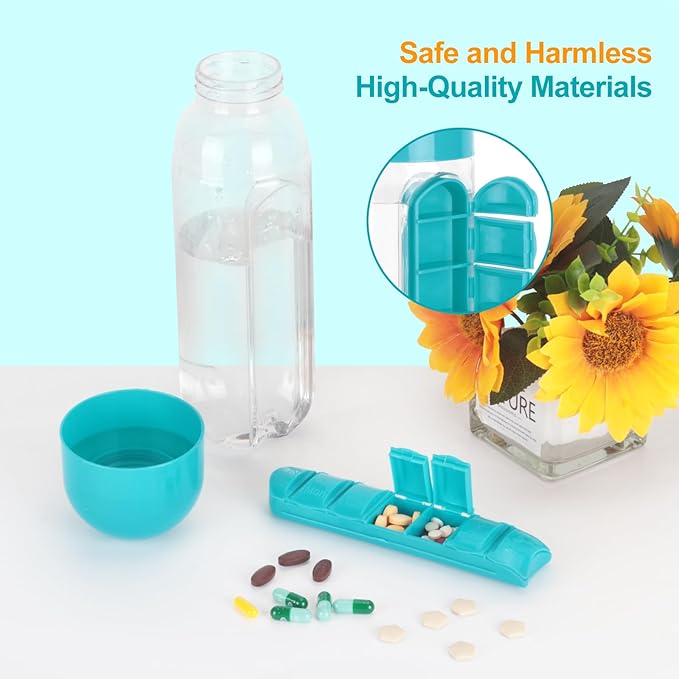 Portable Pill Box Water Cup,2 in 1 Water Bottle pill Box Storage Box,20 oz Daily Sports Water Bottle with Pill Box Organizer 7 Days Capsule Organizer